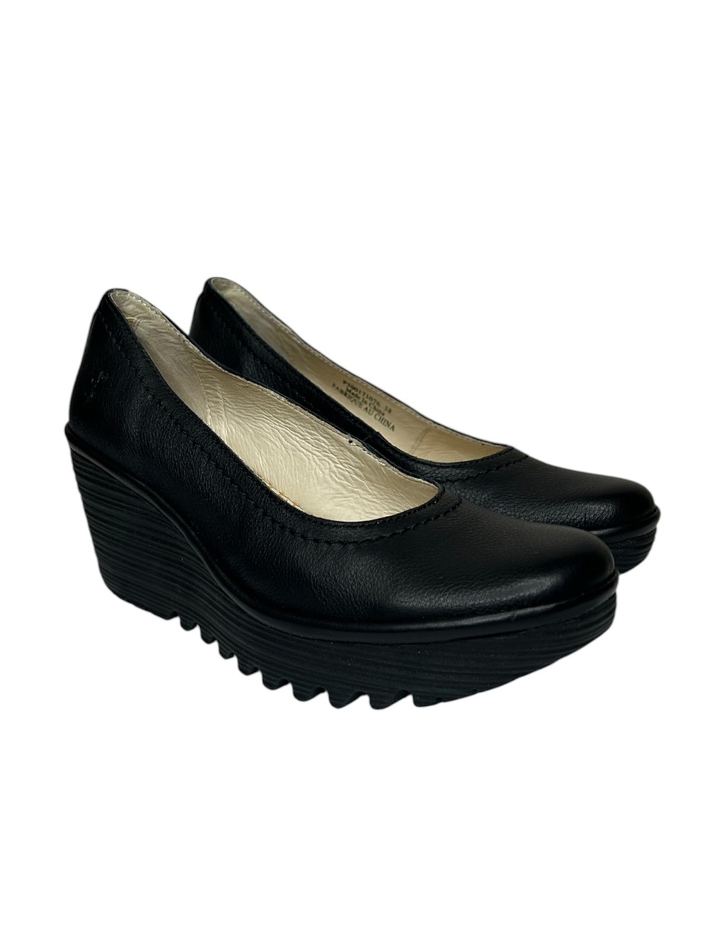 New London Fly Black Leather Wedge Platform Pumps Shoes 38 Loretta Wedge